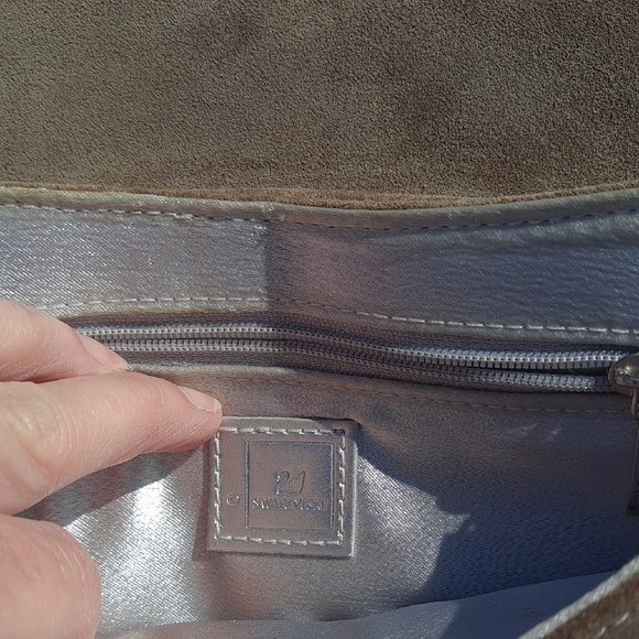 Elegant Tan Suede Clutch with Floral Accent By Swarvoski. - Picture 5 of 9